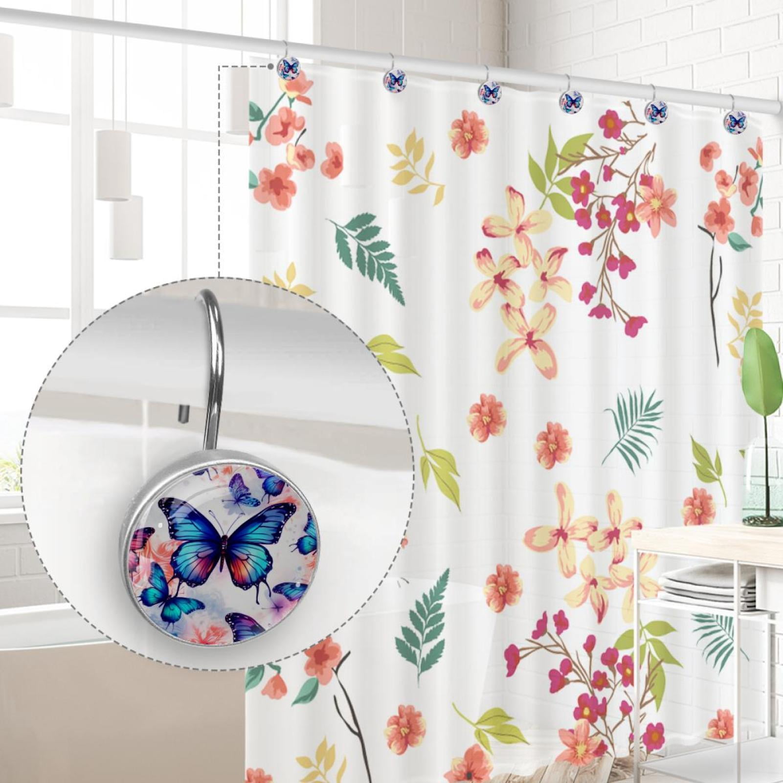 Butterfly Shower Curtain Hooks （Set of 12） for Home Hotel Shower Rods Bathroom Crystal Glass Print Stainless Steel Round Curtain Hooks