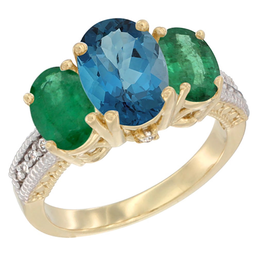 14K Yellow Gold Diamond Natural London Blue Topaz Ring 3-Stone Oval 8x6mm with Emerald, size 5.5 by Gabriella Gold
