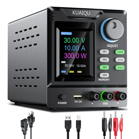 KUAIQU 30V 10A DC Power Supply Variable, Bench Power Supply with Memory Storage & Encoder Knob Output Switch & Lock Button Colour Display Adjustable Regulated Supplies for Battery Charging
