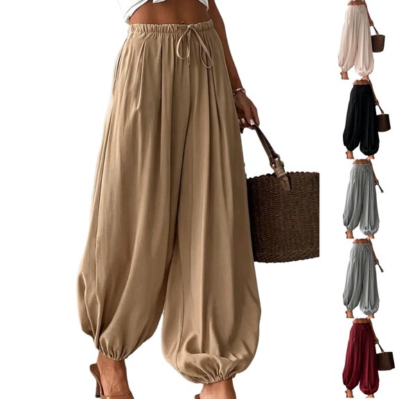 Lumtrix Womens Balloon Harem Pants Pleated Summer Elastic Waist Baggy Pants Beach Vacation Cotton Linen Trousers Beige 3XL