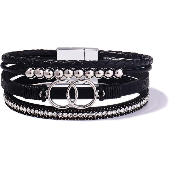 Boho Wrap Bracelets Leather Cuff Bangle Gold Beaded Bracelets for Women Stackable Infinity Bracelets Jewelry with Magnetic Clasp