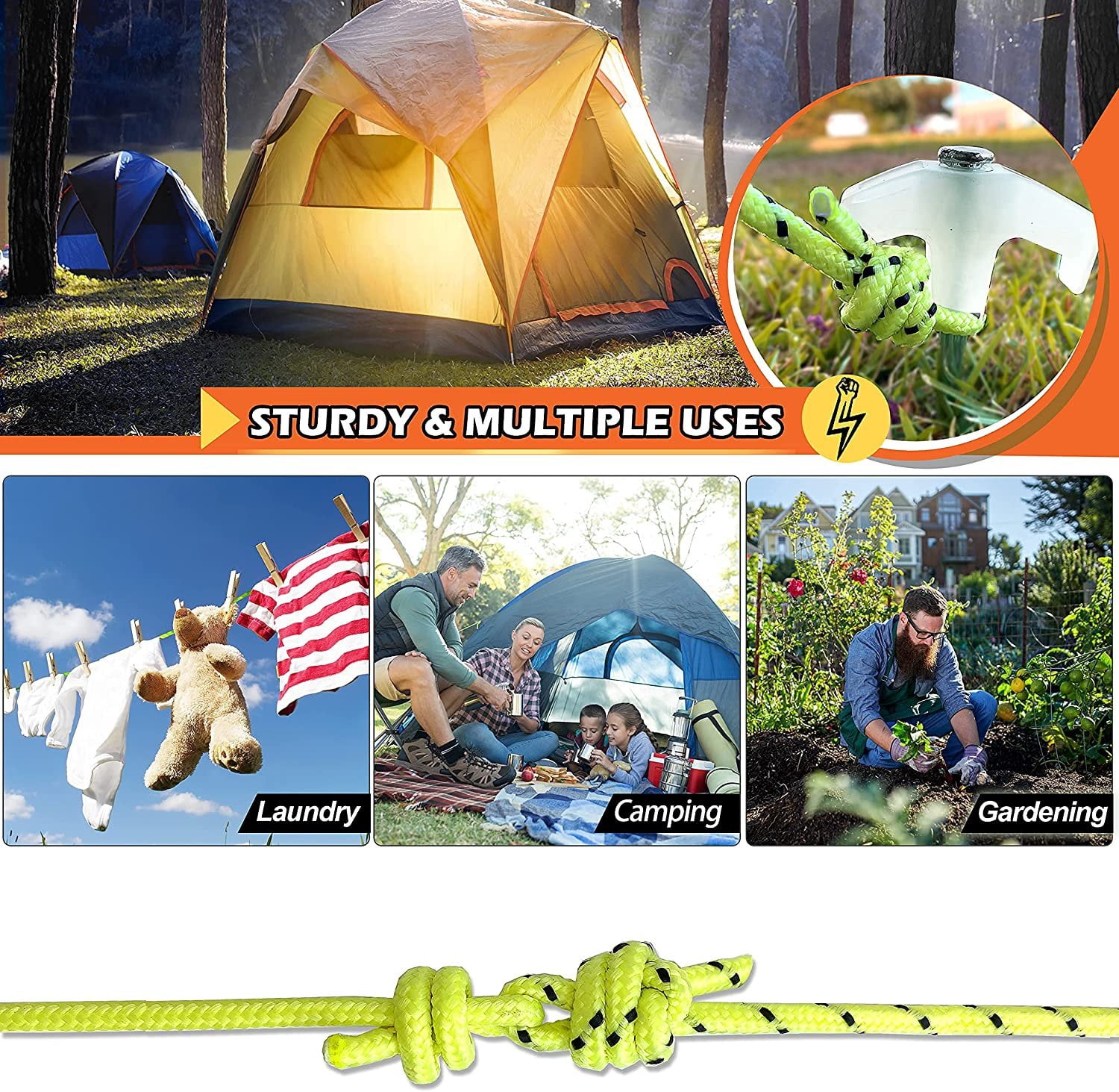 Wellmax 10PC Tent Stakes Heavy Duty with 2 Pack Glow in Dark Polypropylene Rope 3/16" x50ft and 1/4" x50ft