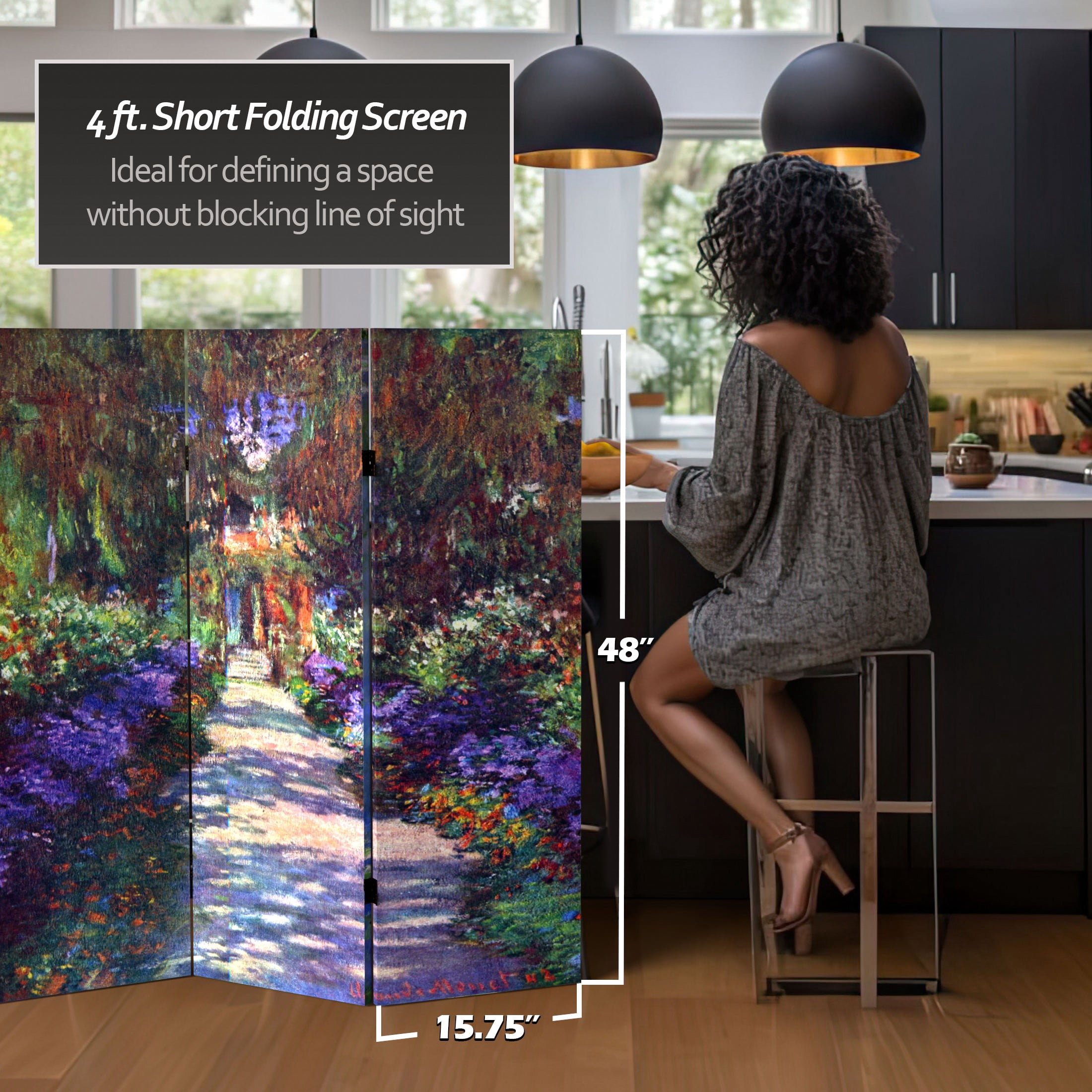 Red Lantern 4 ft. Short Monet Canvas Folding Screen - Lilies/Garden at Giverny