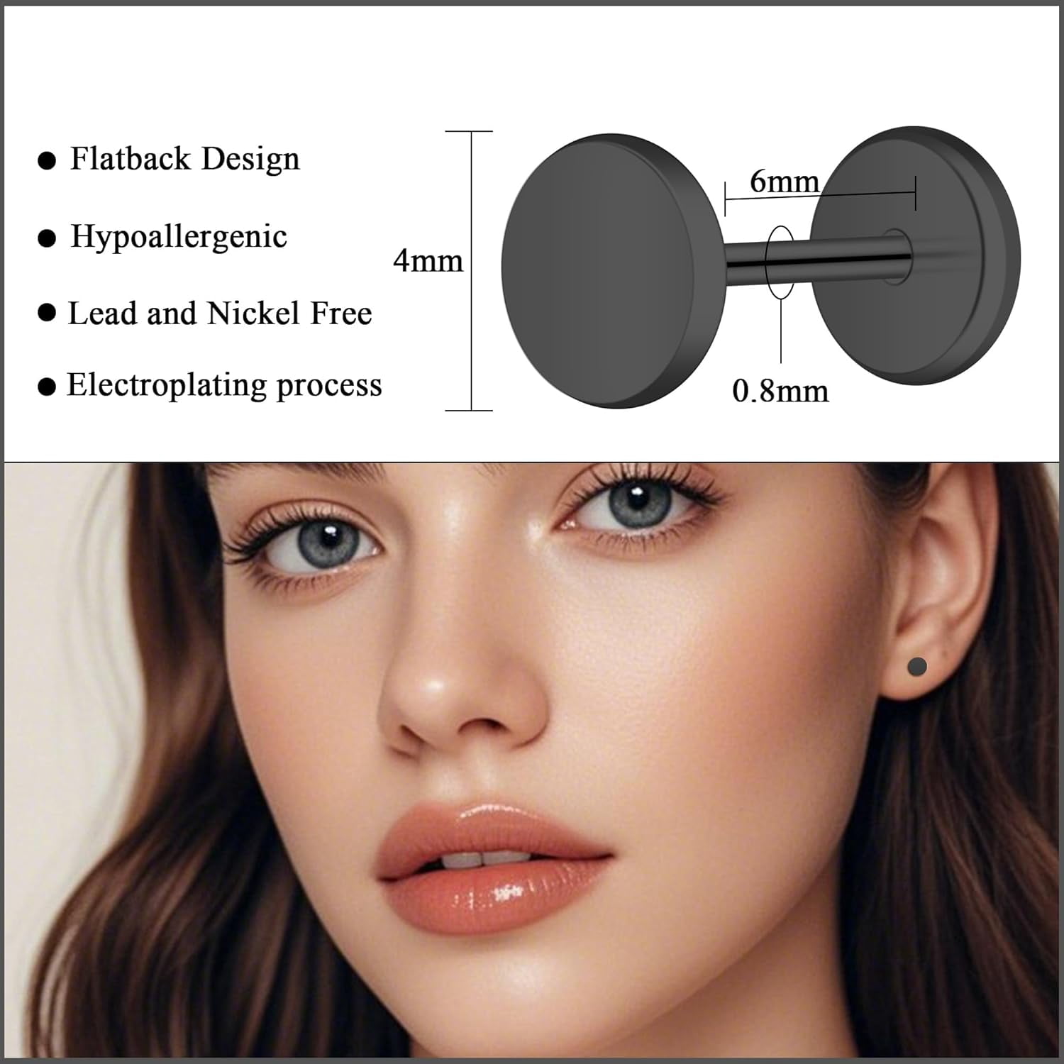 Women Earrings Threadless Pro Flat Back Dot Earrings Titanium Skin-Safe Cartilage Non-Nickel Black Push in Earring Studs ideal for Sensitive Ears Simple Classic Earstuds[s501]
