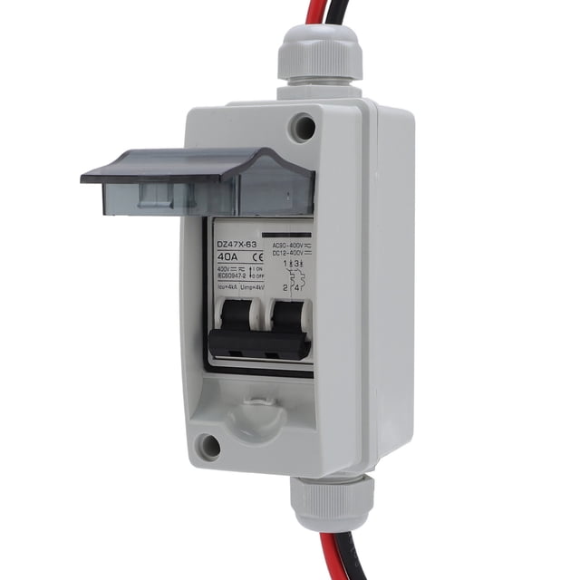 2P Circuit Breaker Box, 40A Over Voltage Guard Solar Panel Disconnect Switch 35mm Guide Rail for On and Off Grid System