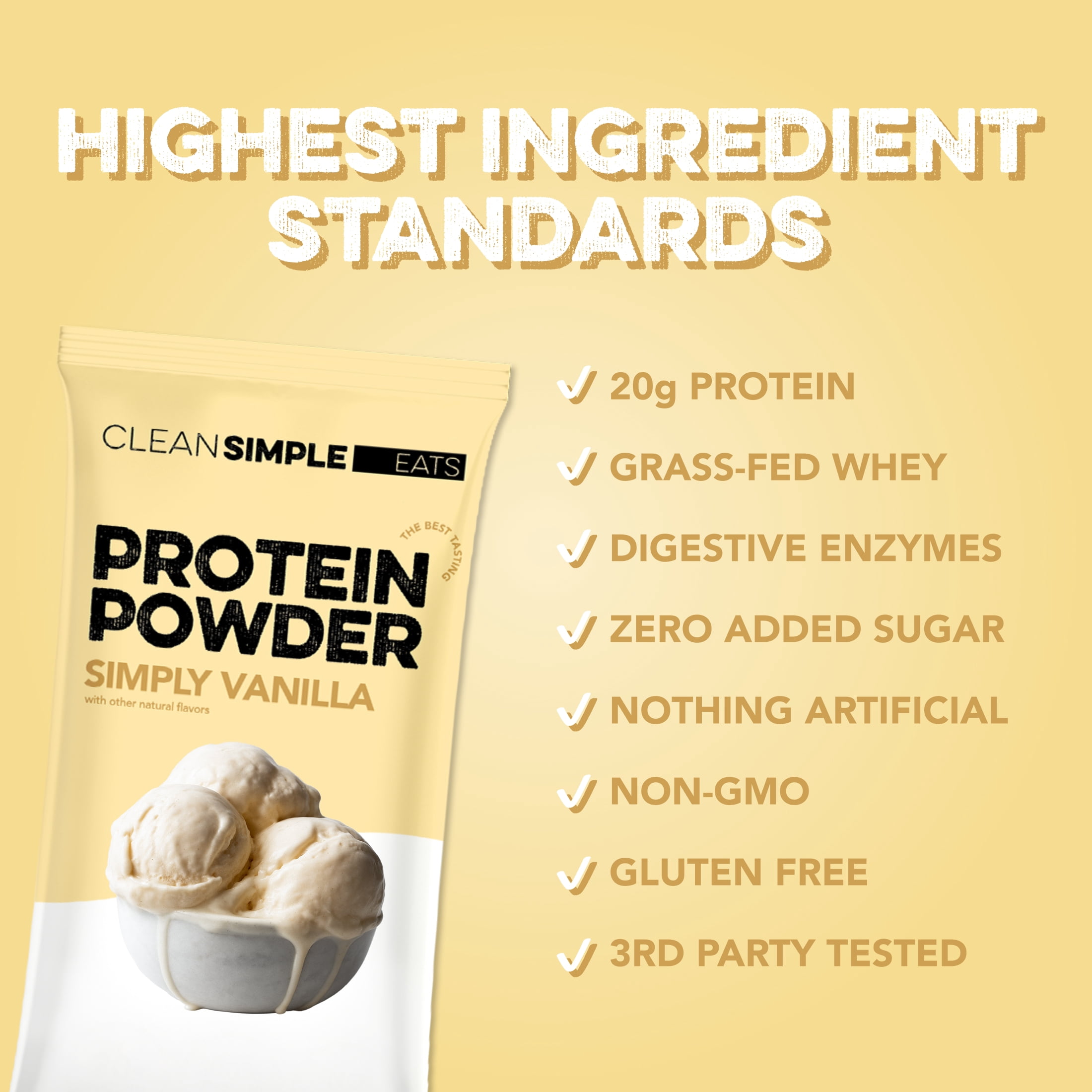 Clean Simple Eats Whey Protein Powder, Simply Vanilla, Gluten Free, Zero Added Sugars, No Artificial Ingredients, 20g Protein, 10 Count