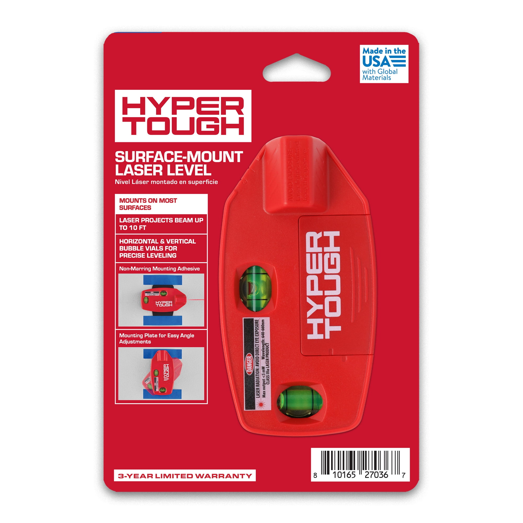 Hyper Tough 10-Foot Multi-Surface Laser Level Tool, Non-Damaging Wall Mounting, Bubble Vials for Aligning Vertical and Horizontal Line Laser