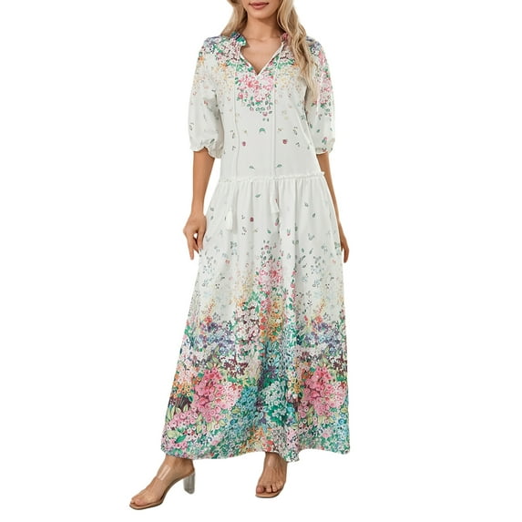 Franhais Women Long Dress, Elegant Short Sleeve V Neck Flower/Graphic Print Loose Swing Dress Summer Casual Dress