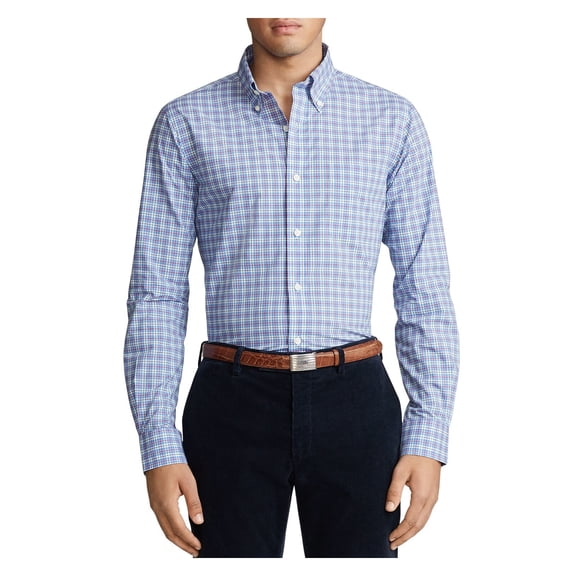 RALPH LAUREN Mens Blue Windowpane Plaid Collared Dress Shirt L