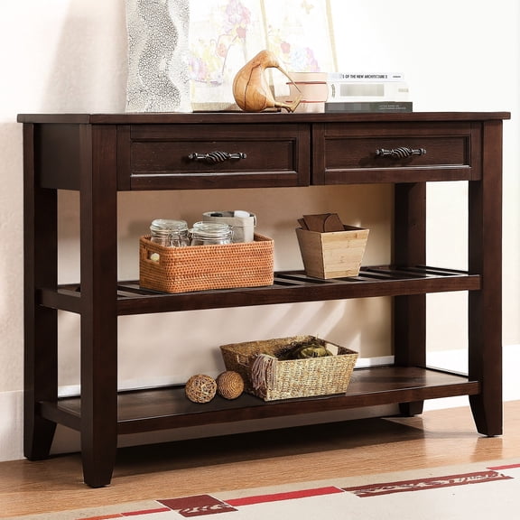Mid-century Style Console Table With 2 Drawers And Tier Shelves, Solid Wood Buffet Sideboard For Living Room, Kitchen, Dining Room Storage Open Entryway,