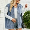 thumbnail image 5 of Meichang Women's Oversized Denim Vest Distressed Washed Lapel Sleeveless Jean Vest Solid Casual Loose Fit Open Front Jacket Coat Jean Vest Blue S, 5 of 7