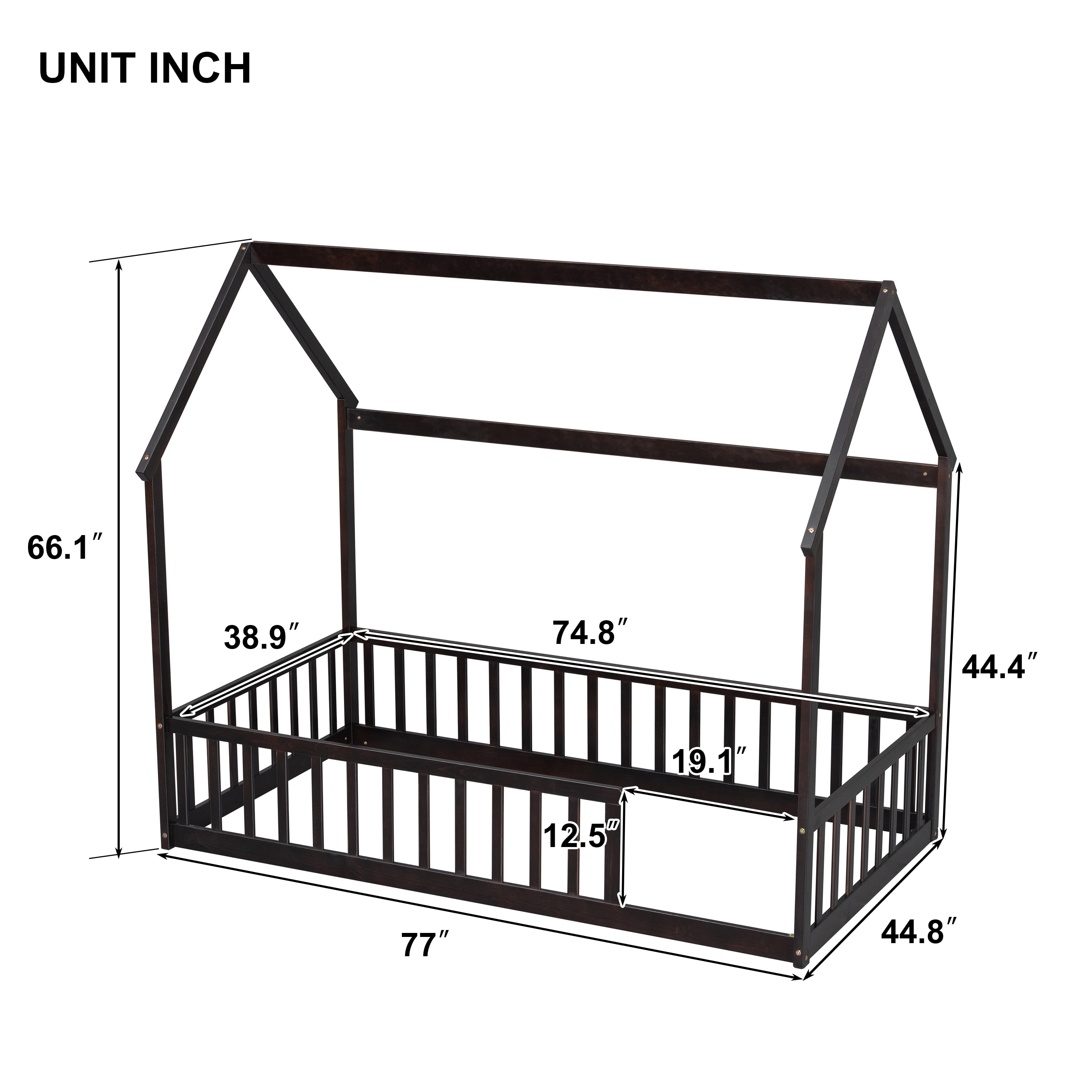 Mintazer Twin Size House Toddler Floor Bed with Guardrails, Kids Montessori Low Bed with Roof Frame for Bedroom Playroom, Espresso