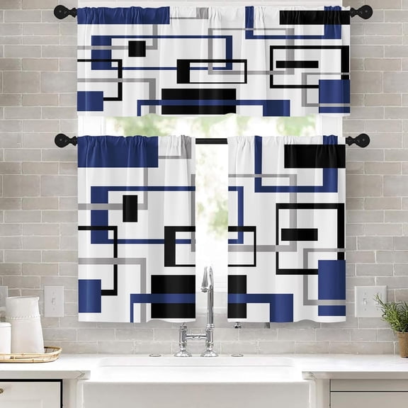 Kitchen Curtains Sets for Windows, 52x39 Inch, Navy Blue 3 Pack, | Abstract Modern Squares Geometric Rod Pocket Cafe Curtain Drapes for Living Room Bedroom Bathroom Kitchen Over Sink Decor