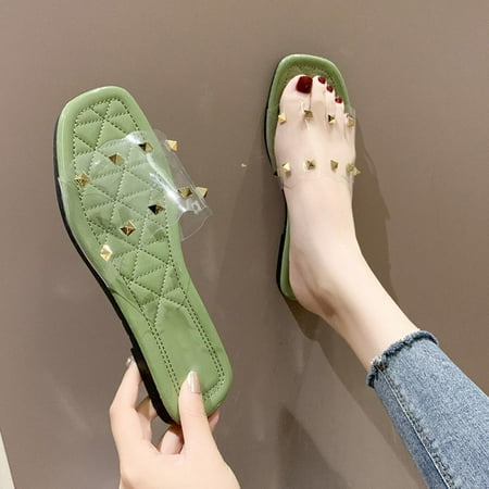 

Saient Slippers Women Summer Summer Stylish Personality Transparent Rivet Solid Color Concise Casual Flat Shoes