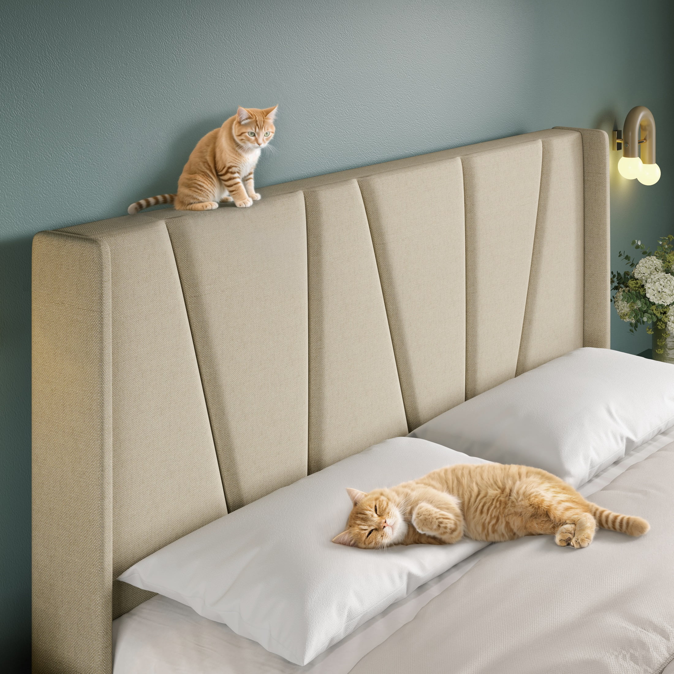 Allewie Queen Bed Frame, Upholstered Platform Bed with Wingback and Geometric Headboard, Beige