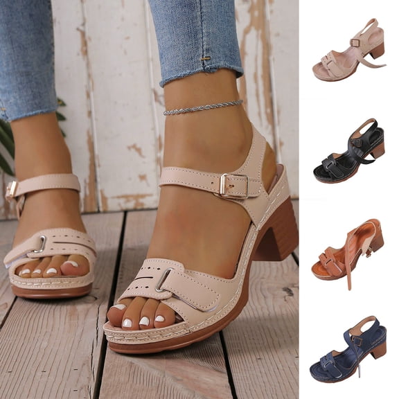 Sandals Women's Fashionable And Versatile Buckle Strap Beach Peep-Toe High-Heeled Sandals Plus Size Spring/Summer Trendy And Comfortable Shoes Blue 39