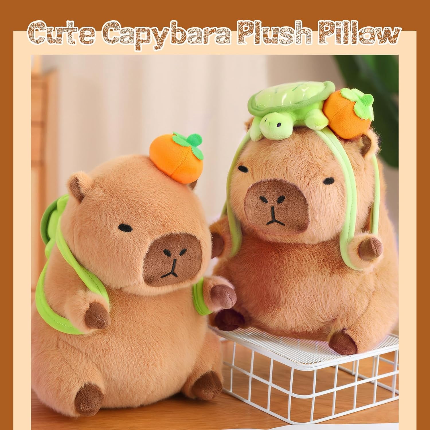 YSSZYSM, 12 Inch Capybara Plush with Turtle Backpack & Orange Hat
