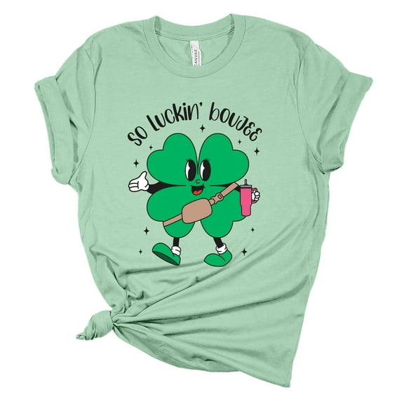 Womens St. Patrick's Day Tshirt Funny So Luckin Boujee Short Sleeve T-shirt -Mint-large