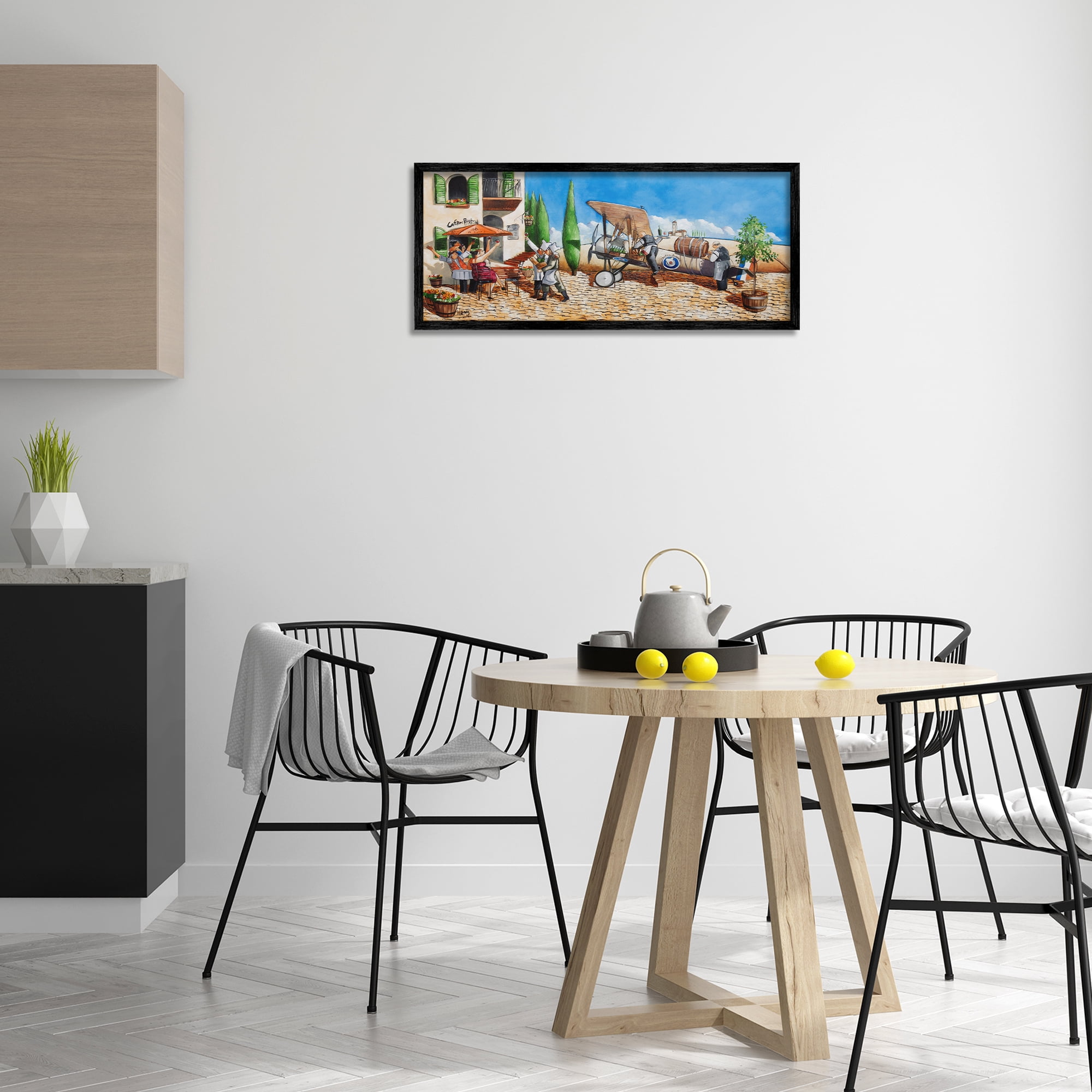 Stupell Industries Café & Airplane Scene Scenery Painting Black Framed Art Print Wall Art, 30 x 13