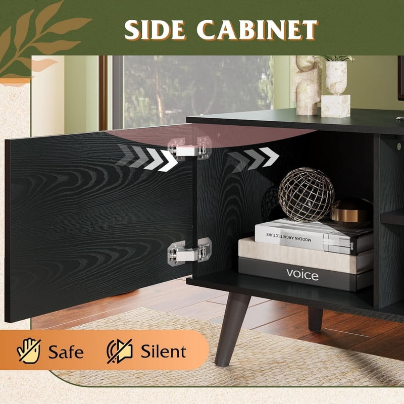 Kelno TV Stand for 55-60 Inch TV Mid Century Entertainment Center with Adjustable Shelves Storage Cabinet, Black