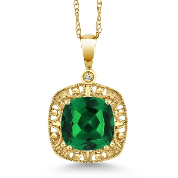 Gem Stone King 10K Yellow Gold Green Simulated Emerald and Diamond Pendant Necklace for Women | 2.50 Cttw | 8MM Cushion | Gold Necklace for Women | With 18 inch Chain