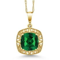 Gem Stone King 10K Yellow Gold Green Simulated Emerald and Diamond Pendant Necklace for Women | 2.50 Cttw | 8MM Cushion | Gold Necklace for Women | With 18 inch Chain