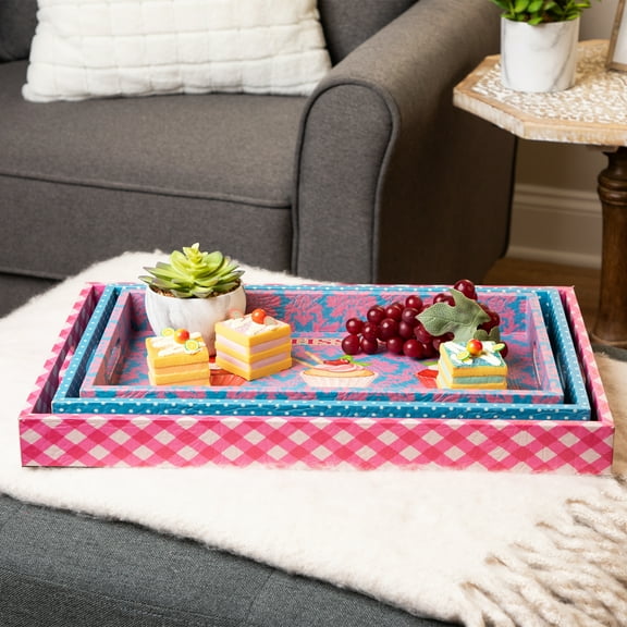 Northlight Set of 3 Patisserie and Cupcakes Wooden Rectangular Serving Trays - Pink/Blue