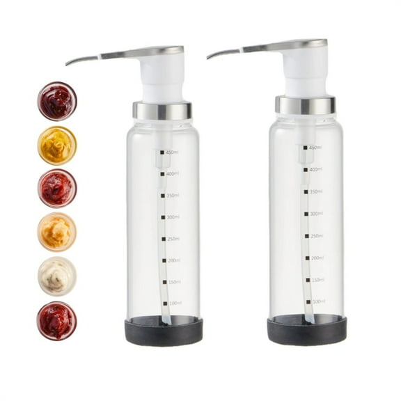 Dingrich 2-Pack Sauce Pump Dispenser, 17oz (500ml) Glass Syrup Dispenser with Non-Slip Base & Scale, Ketchup Dosing Squeeze Bottle for Salad Dressing Peanut Butter Oyster Sauce Honey & Jam