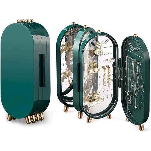 Foldable Earring Holder Jewelry Organizer Box with Mirror, 4-Layer Dustproof Earring Necklace Display Stand Jewelry Box with 153 Holes for Women and Girls, Gifts for Girl (Green)