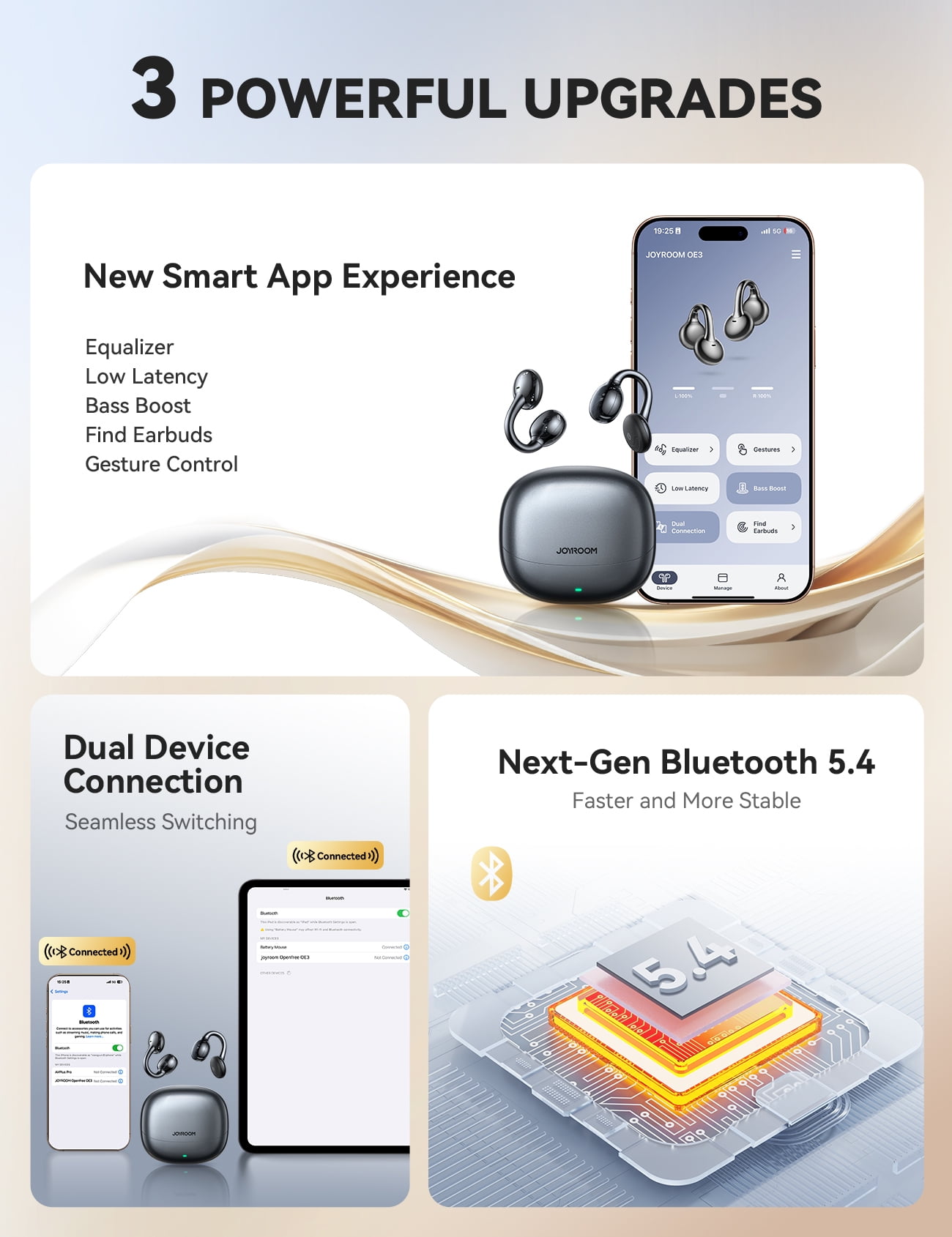JOYROOM OE3 Open Ear Wireless Earbuds, Ultra-Lightweight Comfortable Clip-on Earbuds, Bluetooth 5.4 Headphones with Full Surface Touch Control, Bass Sound, IPX4 Waterproof Fit for Workout and Daily