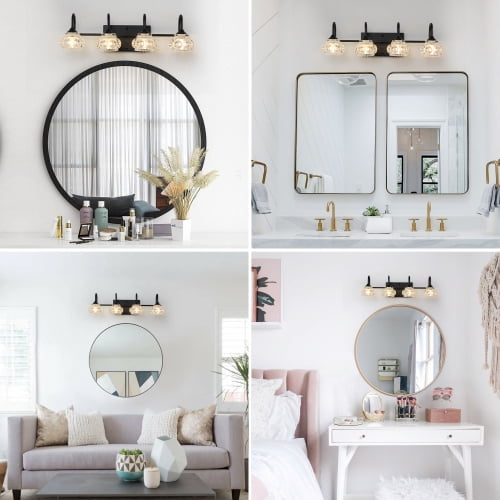 Hi-LIGHTS,Retro 4-Light Bathroom Vanity Light Fixture with Crystal Glass Shades(Bulbs Not Included),Wall Mounted Lighting for Bathroom,Dressing Room,Powder Room and Vanity Mirror(Black）