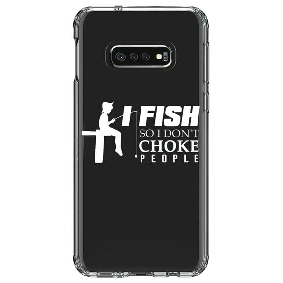 DistinctInk Clear Shockproof Hybrid Case for Samsung Galaxy S10e (5.8" Screen) - TPU Bumper Acrylic Back Tempered Glass Screen Protector - I Fish So I Don't Choke People