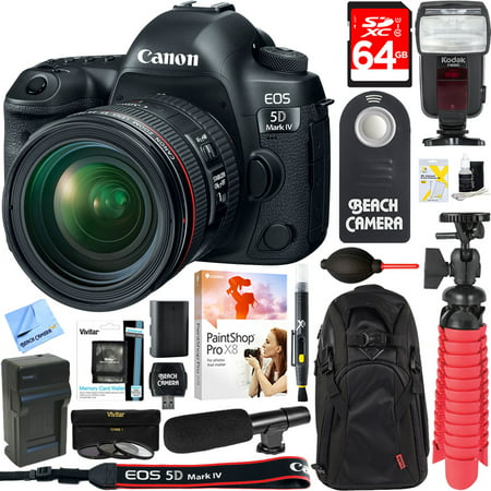 Canon EOS 5D Mark IV 30.4 MP Full Frame CMOS DSLR Camera + EF 24-70mm f/4L IS USM Lens + UM-MIC100 Mini Condenser Shotgun Microphone + 64GB Deluxe Accessory