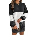 thumbnail image 3 of Women'S Autumn Winter Elegant Patchwork Lantern Sleeve Cable Knit Sweater Dress Black L, 3 of 9