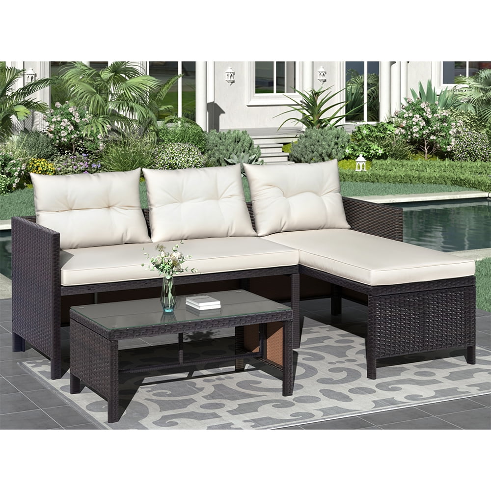 3 Piece Outdoor Rattan Wicker Patio Sofa and Chaise Lounge Set