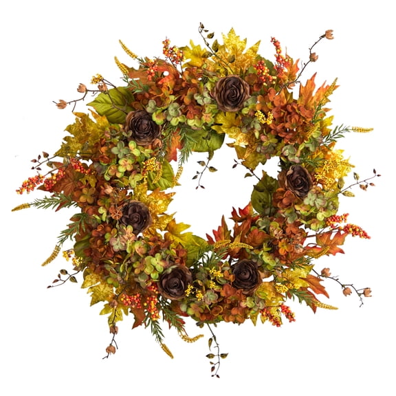 32" Fall Hydrangea/Ranunculus and Maple Leaf Autumn Artificial Wreath in Orange