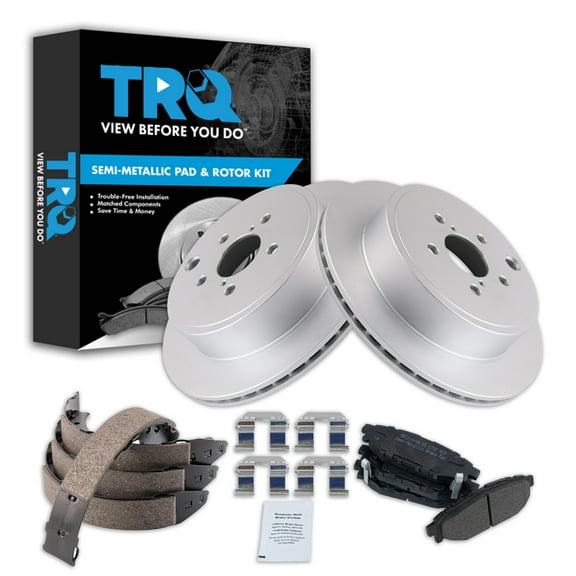 TRQ Rear Brake Pad & Rotor Kit Brake Pads Brake Rotor Parking Brake Shoe Set Semi-Metallic Premium G-Coated Fits Select 2013-2014 Subaru Legacy