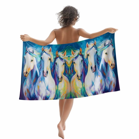 Watercolor Horse Pattern Beach Towels Blanket Soft&Absorbent Quick Dry Microfiber White Blue Turquoise Green Pool Towels for Swimming ,Yoga, Sports, Gym, Camping,Large 35X70in,