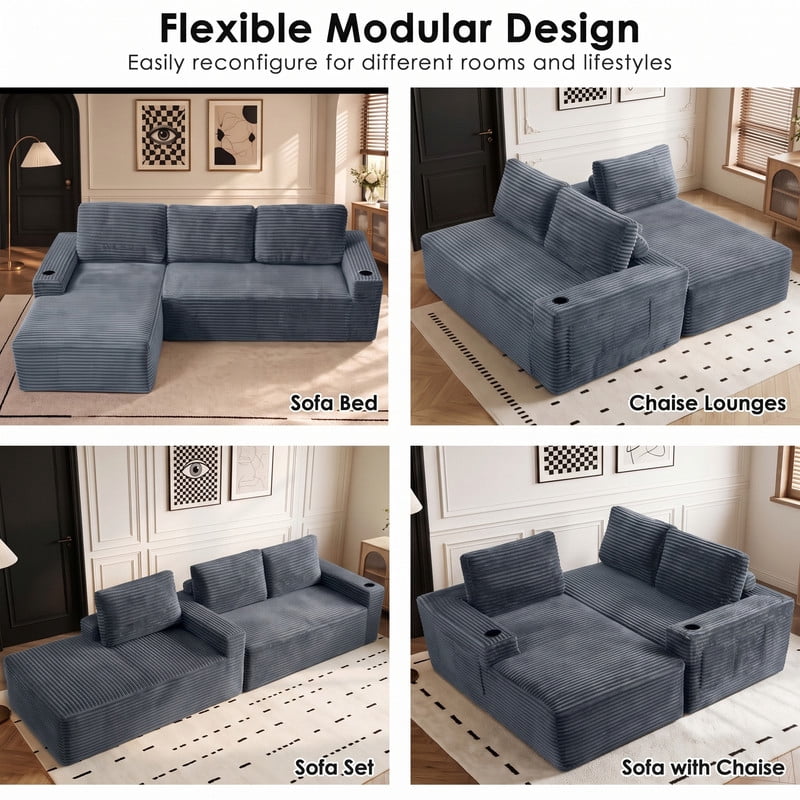 Anpport 104" Boneless Cloud Modular Sectional Couch, Corduroy Sofa with Cup Holders, Side Pockets, Deep Seat, No Assembly Required for Living Room, Gray (L‑Shaped, Left Facing Chaise)