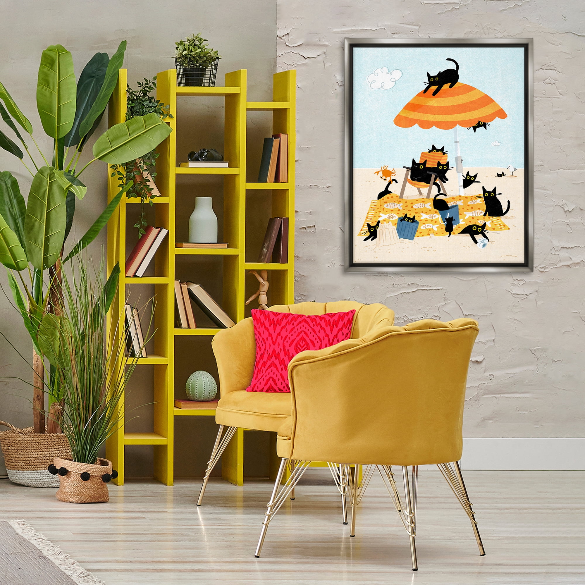 Stupell Industries Black Cat Beach Day Animals Painting Gray Floater Framed Canvas Art Print Wall Art, 25 x 31