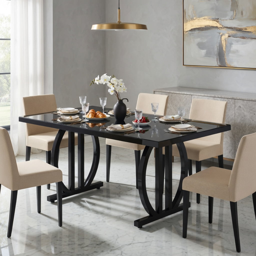 Hommoo 63 Inch Modern Dining Table for 4-6 People, Sleek Metal Frame Rectangular Kitchen Table with MDF Top, Black