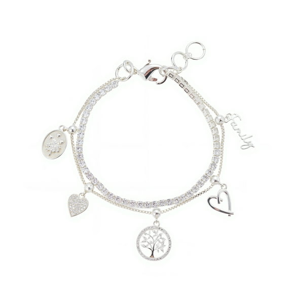 Believe by Brilliance Women's Silver Plated Family Charm and Cubic Zirconia Tennis Layered Bracelet, 7 1"