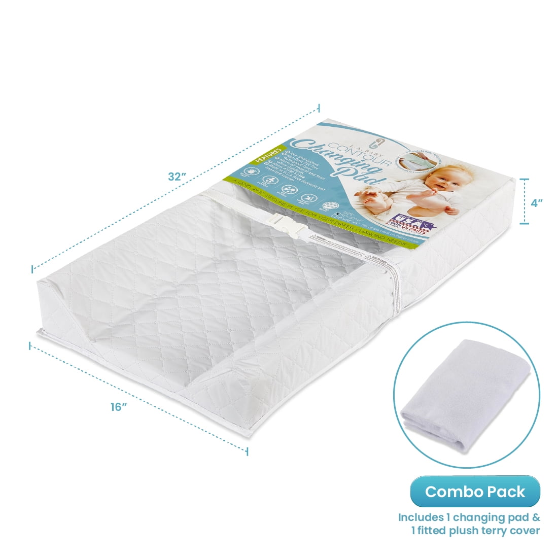 LA Baby [Combo Pack] Contoured Waterproof Diaper Changing Pad, 32" with Bonus Washable White Terry Cover, White