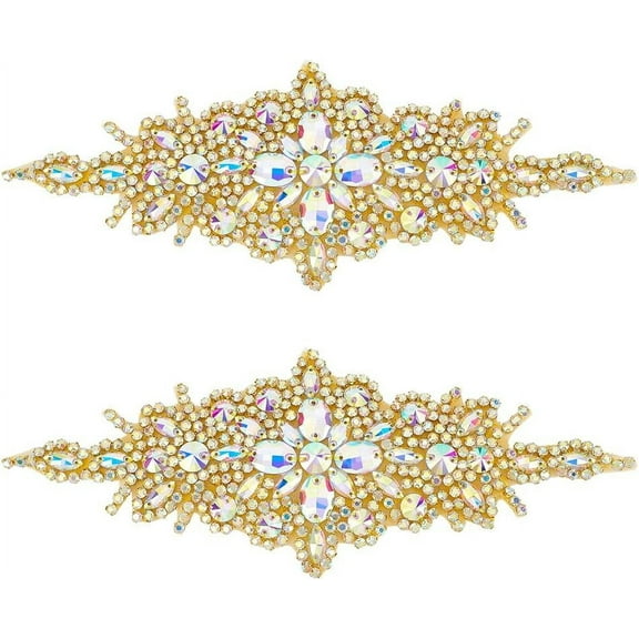 2Pcs Rhinestone Applique Patch - Iron On/Sew On AB Rhombus Bridal Decoration for Wedding Dress Headpiece Belt (Gold) Gold