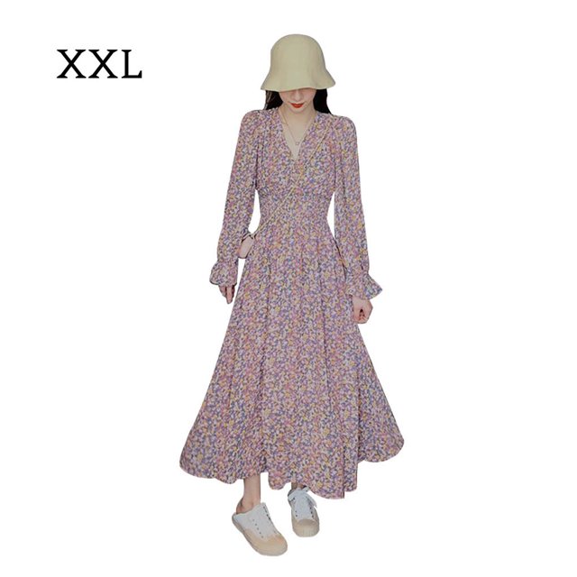 Vestido floral Mujer Cuello en V Manga larga Cintura alta Vestido casual de gasa, XXL Jumpingount AP001427-04