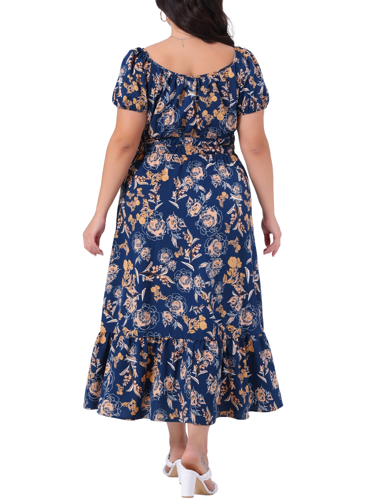 DARING DIVA Plus Size Square Neck Floral Print Short Sleeves Dress 3X Navy Blue