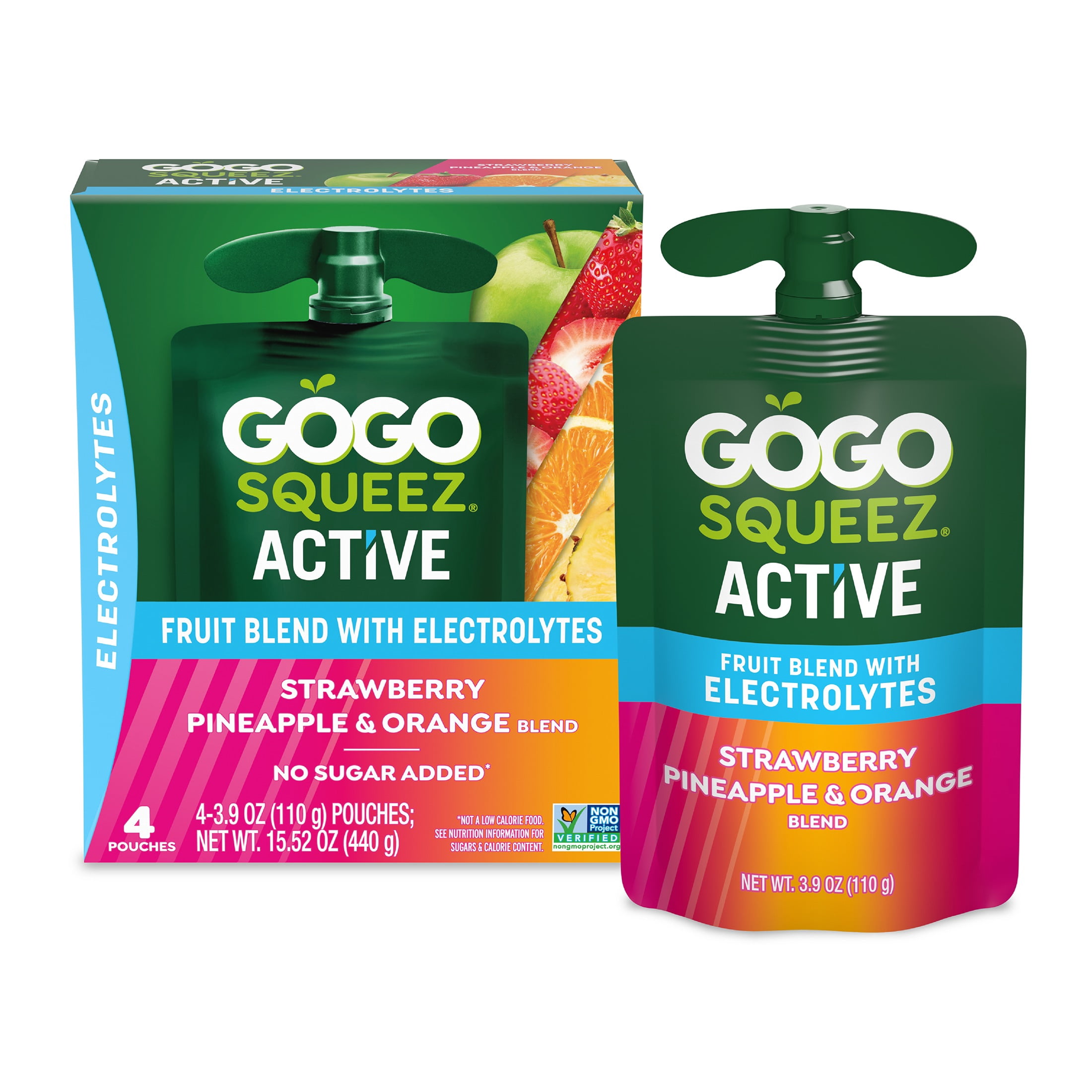 GoGo squeeZ Active Fruit Blend with Electrolytes, Strawberry Pineapple Orange, 3.9 oz/4ct
