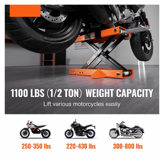 Motorcycle Lift 500kg Jack - Steel Scissor Lift for Street, Cruiser, Touring Bikes - Detachable Handle, Safety Pin, Non-Slip Saddles