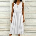 thumbnail image 5 of Women Summer Maxi Dress Solid Color Sleeveless V Neck Button Pleated Elegant Flowy Sundress with Pockets Casual Beach Vacation Dresses, 5 of 8