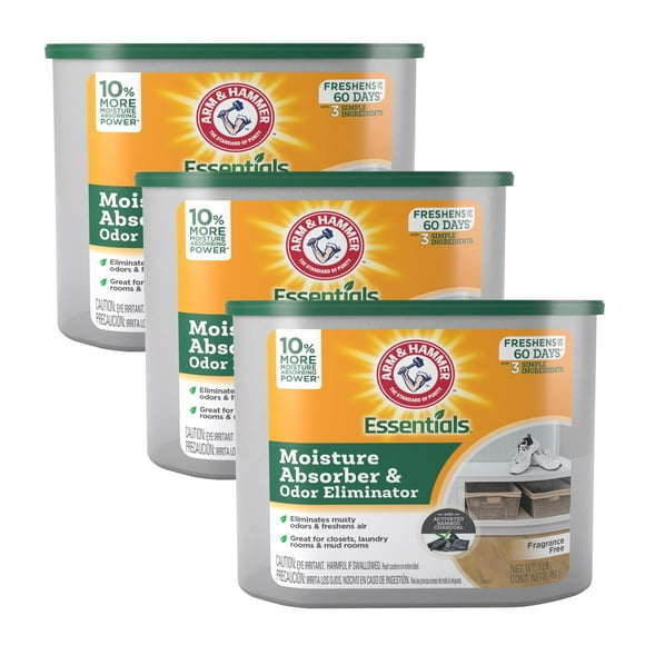 Arm & Hammer Essentials Disposable Moisture Absorber and Odor Eliminator Tub Fragrance Free 1 lb 3-Pack Attracts and Traps Excess Moisture Ideal Closet Dehumidifier White
